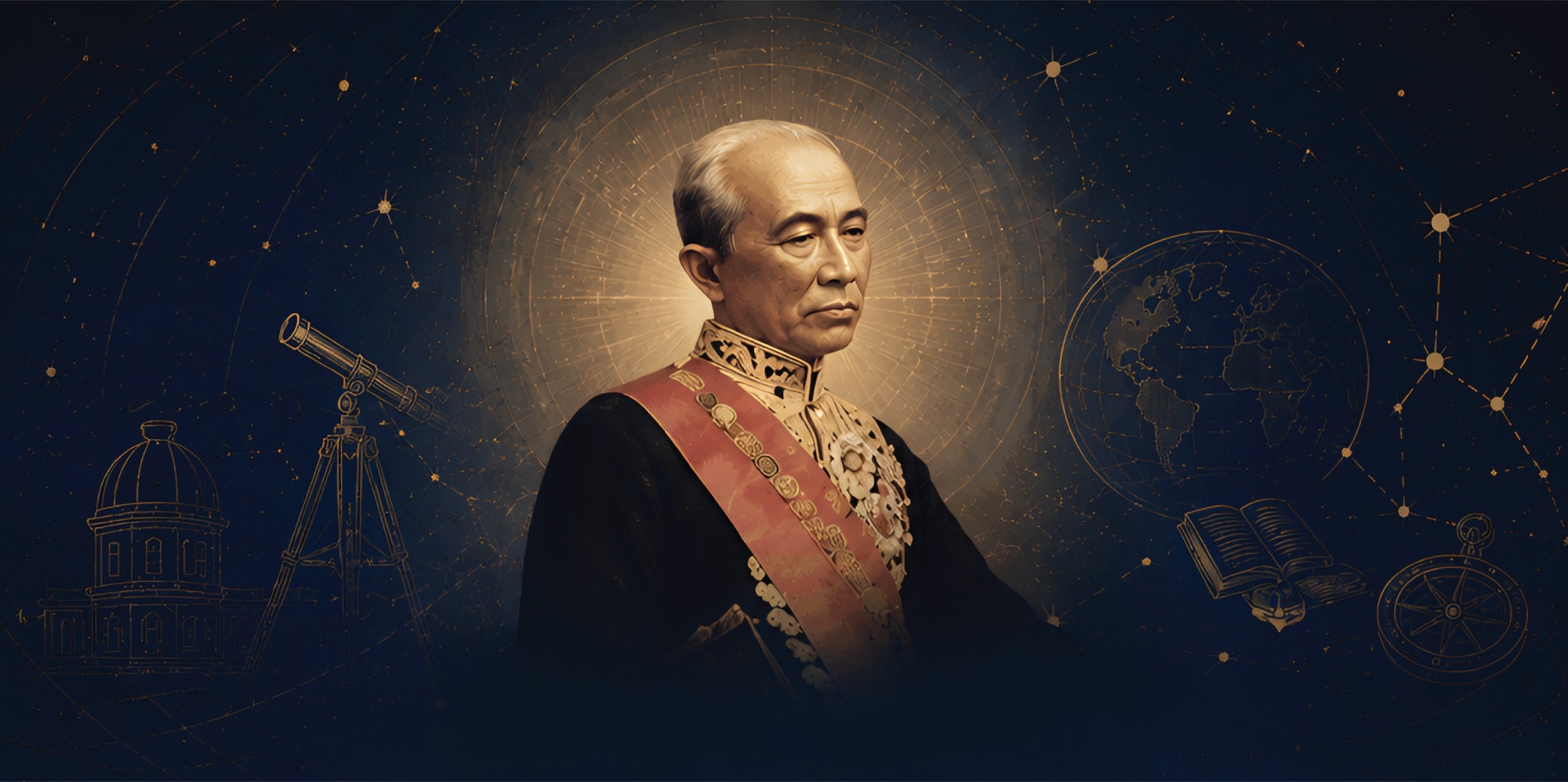 พระบรมฉายาลักษณ์พระบาทสมเด็จพระจอมเกล้าเจ้าอยู่หัว บนพื้นหลังท้องฟ้าและดวงดาว